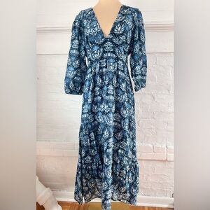 Caroline Constas Dahlia Midi Dress Blue Floral Print Cotton Resort Vacation Sz S